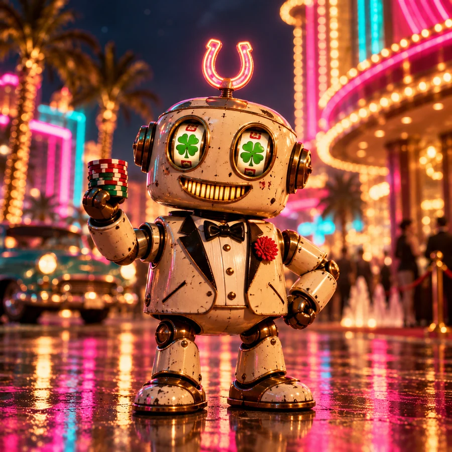 The robot on a wet neon street, holding a stack of chips, a clover in each eye